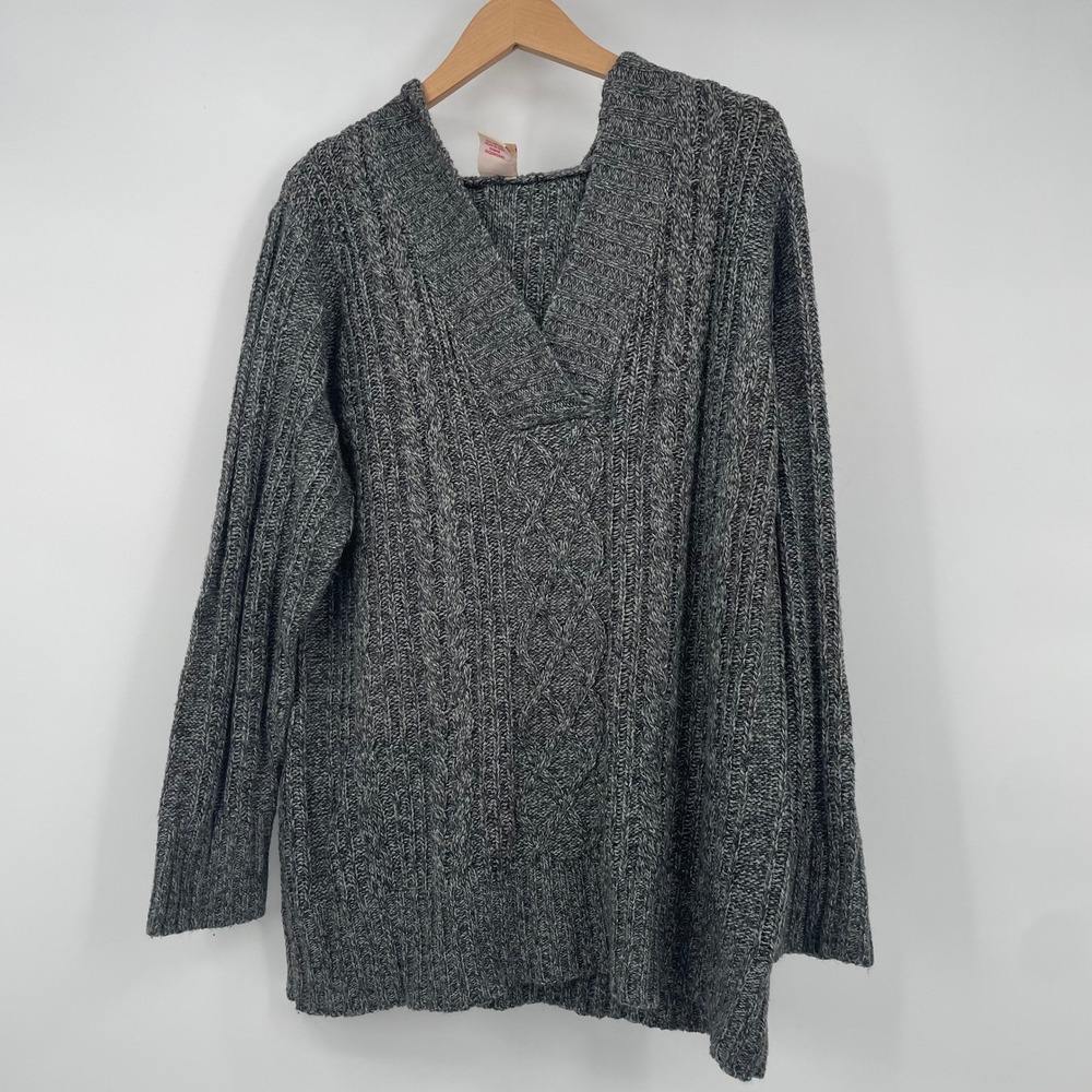 Faded‎ Glory Womens 3X Charcoal Marl Hooded Cable Knit Sweater V-Neck Pullover